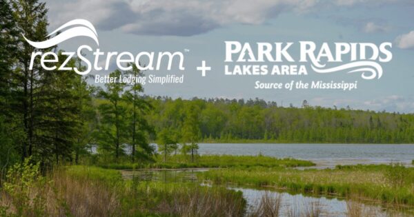 rezStream and Park Rapids Lakes Area partnership graphic over a scenic lakeside landscape.