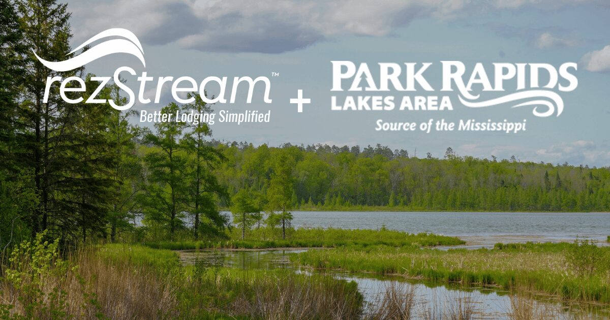 rezStream and Park Rapids Lakes Area partnership graphic over a scenic lakeside landscape.